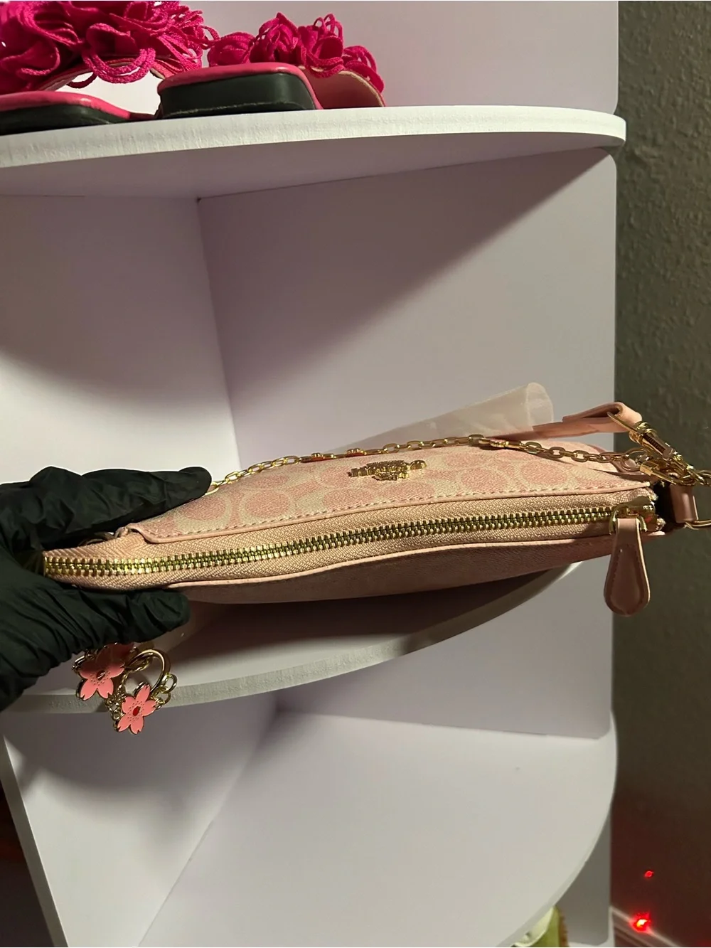 Coach Pink Floral Chain Wristlet with Gold Hardware